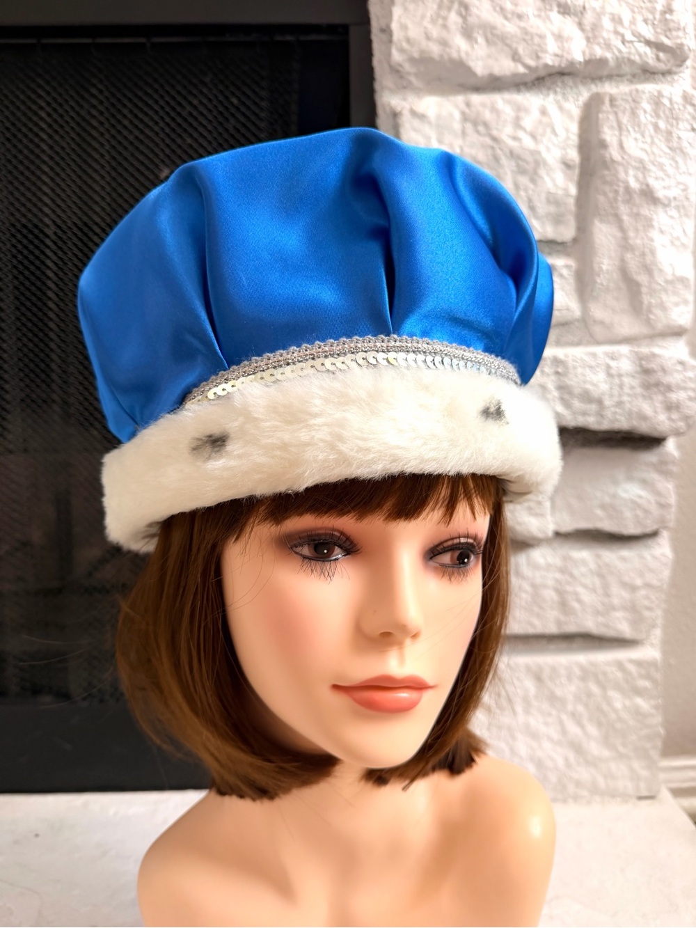 Royal Blue Satin King Crown Hat Faux Ermine Fur Costume Theater Mardi Gras